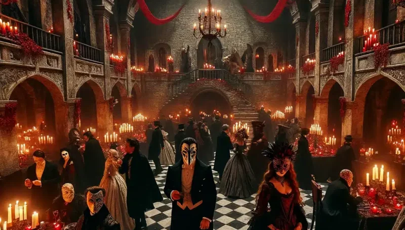 DALL·E 2024-03-25 16.35.26 - A masquerade party in Transylvania, hosted by Dracula in his ancient castle. The scene is set in a grand hall, adorned with red, black, grey, and whit